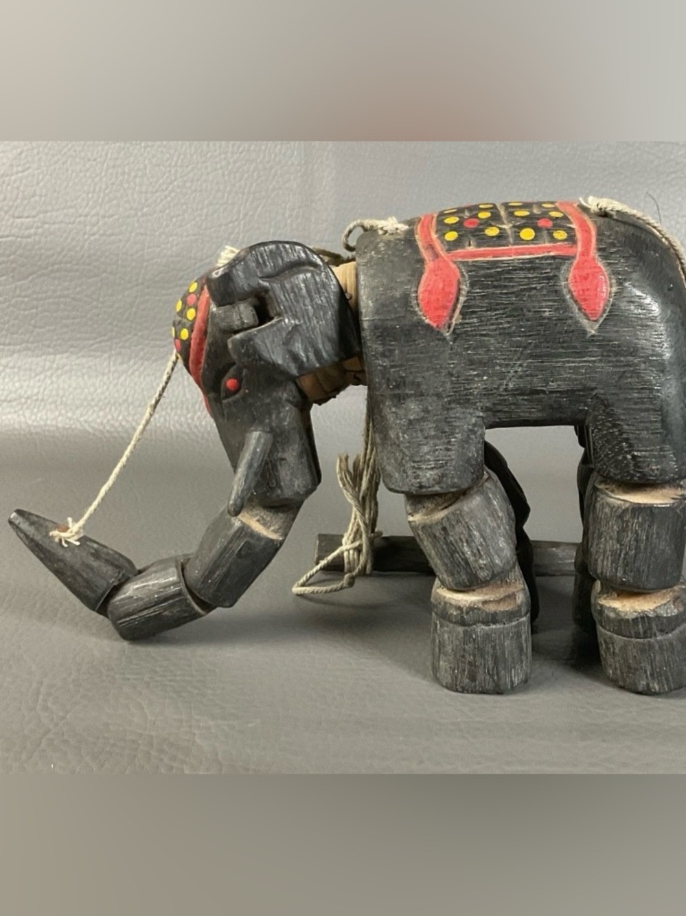 VINTAGE HAND CRAFTED WOODEN ARTICULATED ELEPHANT MARIONETTE PUPPET WALL HANGING